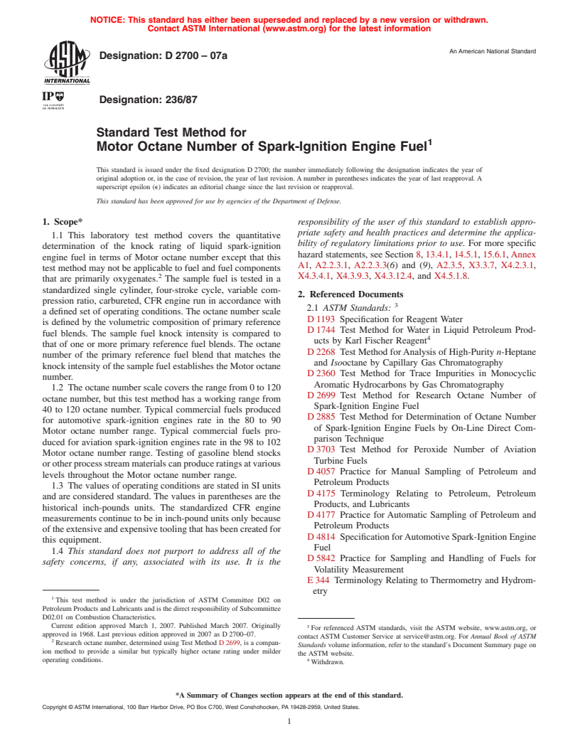 ASTM D2700-07a - Standard Test Method for Motor Octane Number of Spark-Ignition Engine Fuel