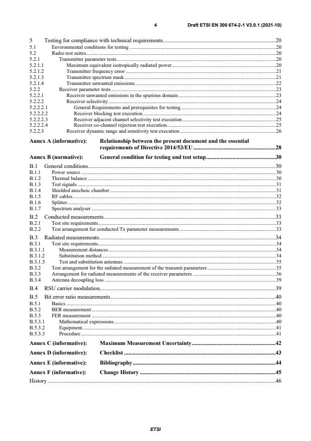 SIST EN 300 674-2-1 V3.1.1:2022 ETSI EN 300 674-2-1 V3.0.1 (2021-10) - Transport and Traffic Telematics (TTT); Dedicated Short Range Communication (DSRC) transmission equipment (500 kbit/s / 250 kbit/s) operating in the 5 795 MHz to 5 815 MHz frequency band; Part 2: Harmonised Standard for access to radio spectrum; Sub-part 1: Road Side Units (RSU) - Page 4 preview