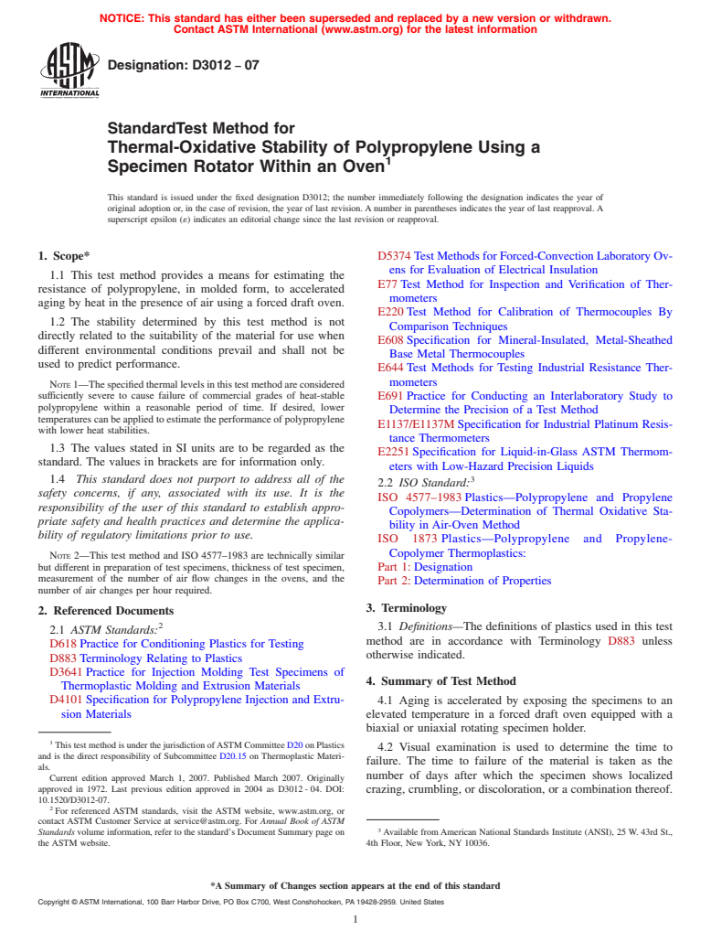 ASTM D3012-07 - Standard Test Method for Thermal-Oxidative Stability of Polypropylene Using a Specimen Rotator Within an Oven