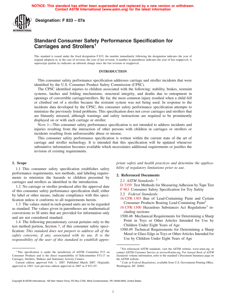 ASTM F833-07a - Standard Consumer Safety Performance Specification for Carriages and Strollers