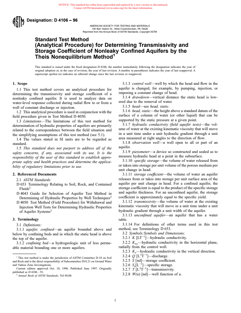 ASTM D4106-96 - Standard Test Method (Analytical Procedure) for Determining Transmissivity and Storage Coefficient of Nonleaky Confined Aquifers by the Theis Nonequilibrium Method