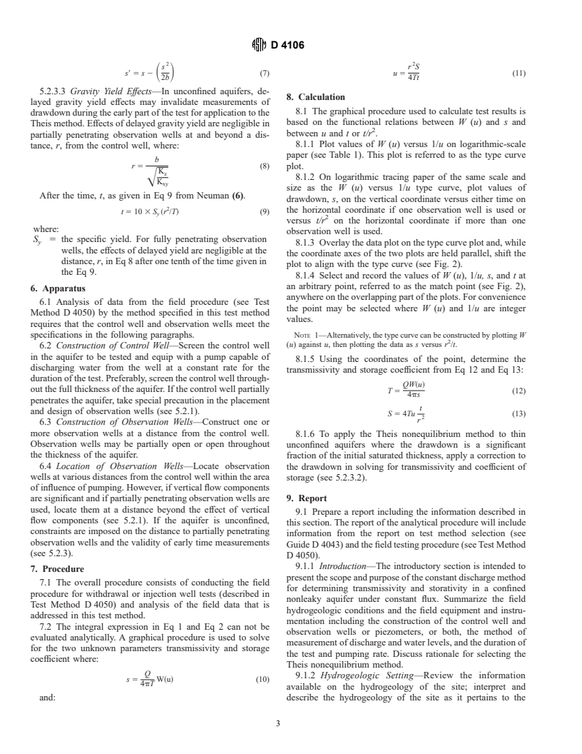 ASTM D4106-96 - Standard Test Method (Analytical Procedure) for Determining Transmissivity and Storage Coefficient of Nonleaky Confined Aquifers by the Theis Nonequilibrium Method