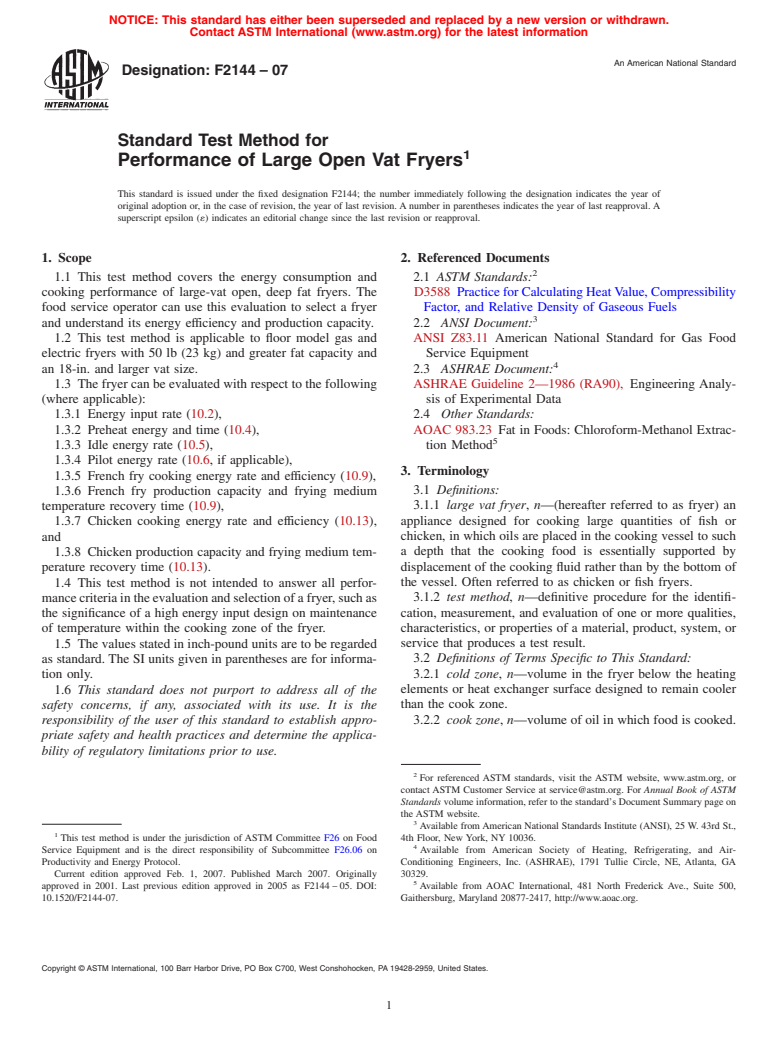 ASTM F2144-07 - Standard Test Method for Performance of Large Open Vat Fryers
