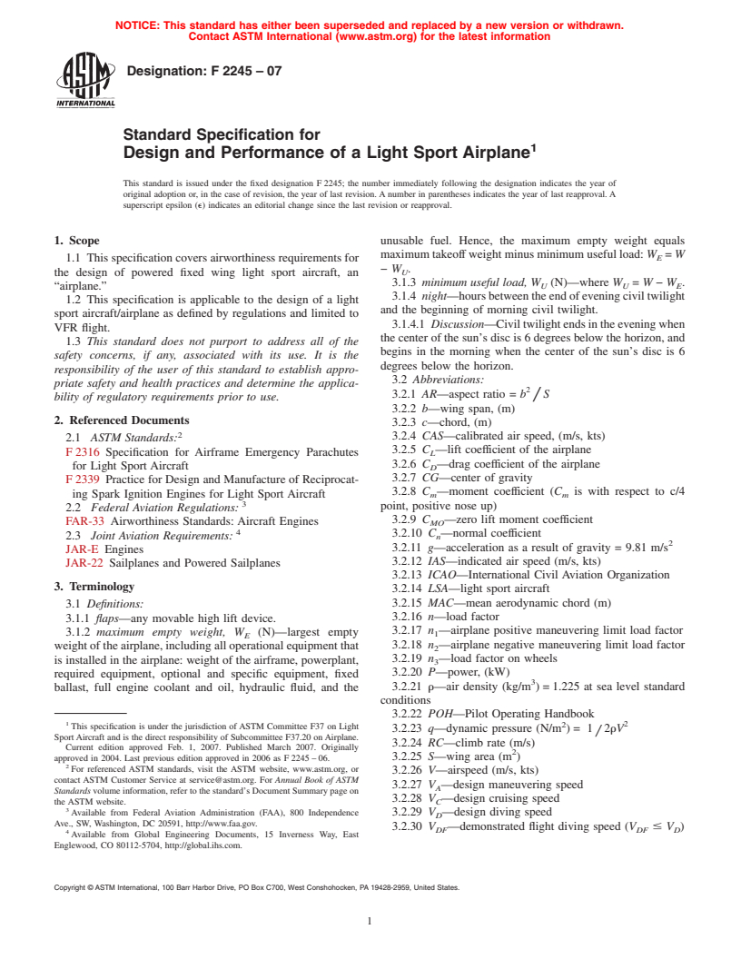 ASTM F2245-07 - Standard Specification for Design and Performance of a Light Sport Airplane