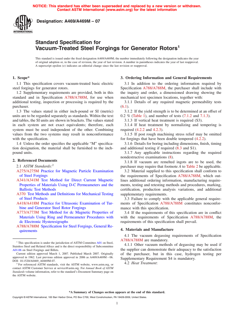 ASTM A469/A469M-07 - Standard Specification for Vacuum-Treated Steel Forgings for Generator Rotors