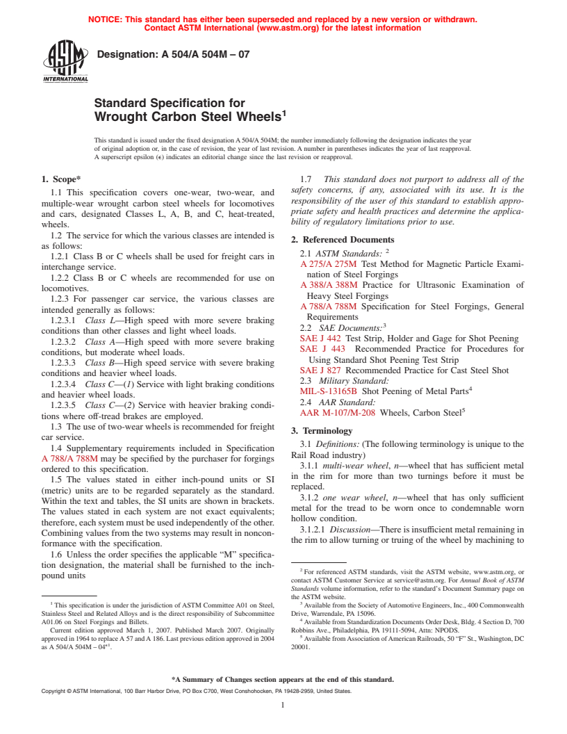 ASTM A504/A504M-07 - Standard Specification for Wrought Carbon Steel Wheels