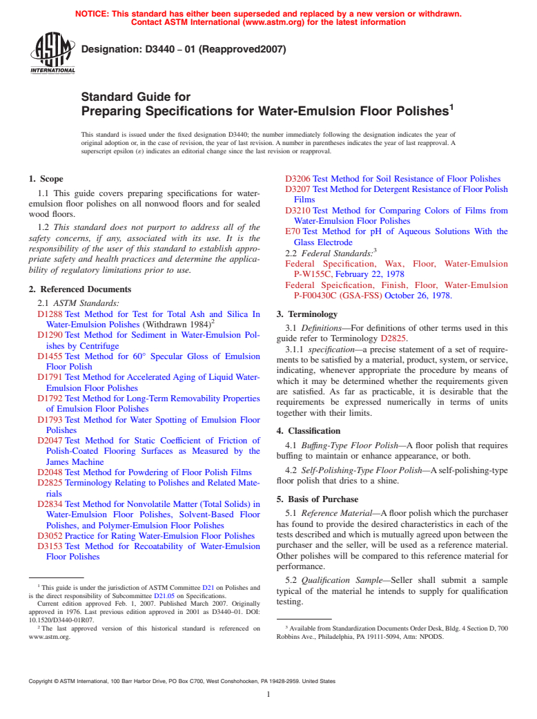 ASTM D3440-01(2007) - Standard Guide for Preparing Specifications for Water-Emulsion Floor Polishes