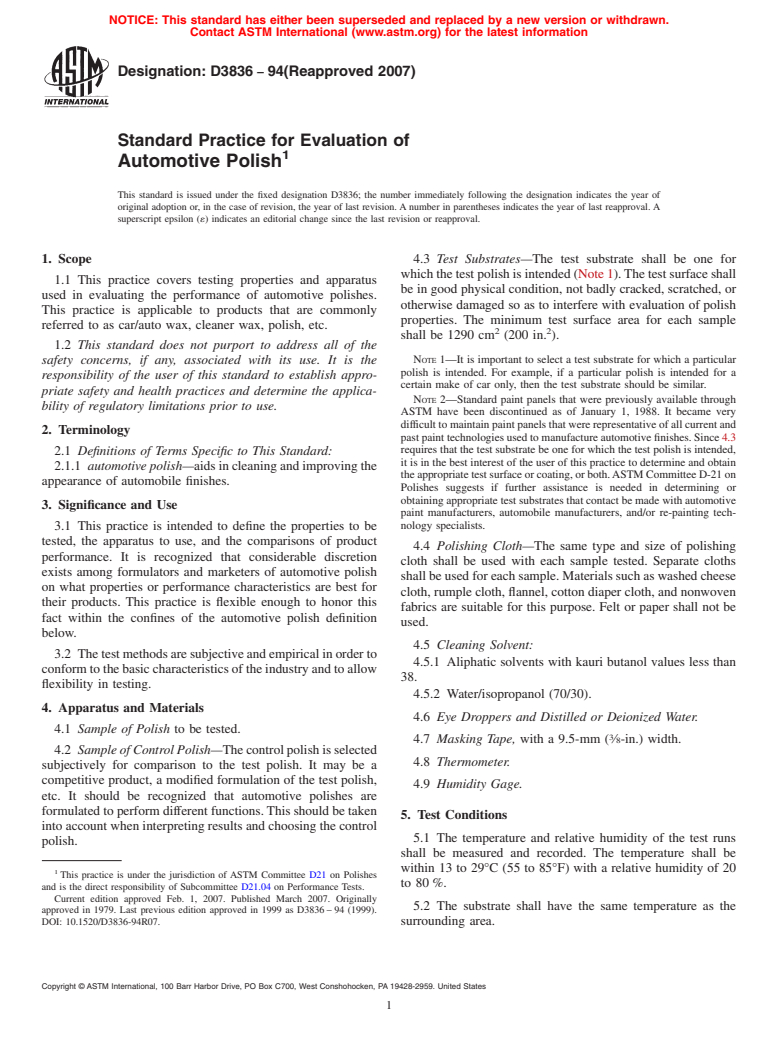 ASTM D3836-94(2007) - Standard Practice for Evaluation of Automotive Polish