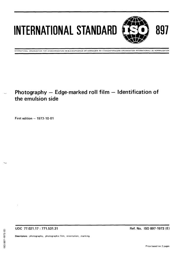 ISO 897:1973 - Photography -- Edge-marked roll film -- Identification of the emulsion side