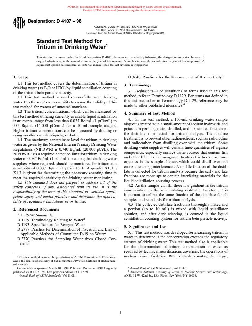 ASTM D4107-98 - Standard Test Method for Tritium in Drinking Water