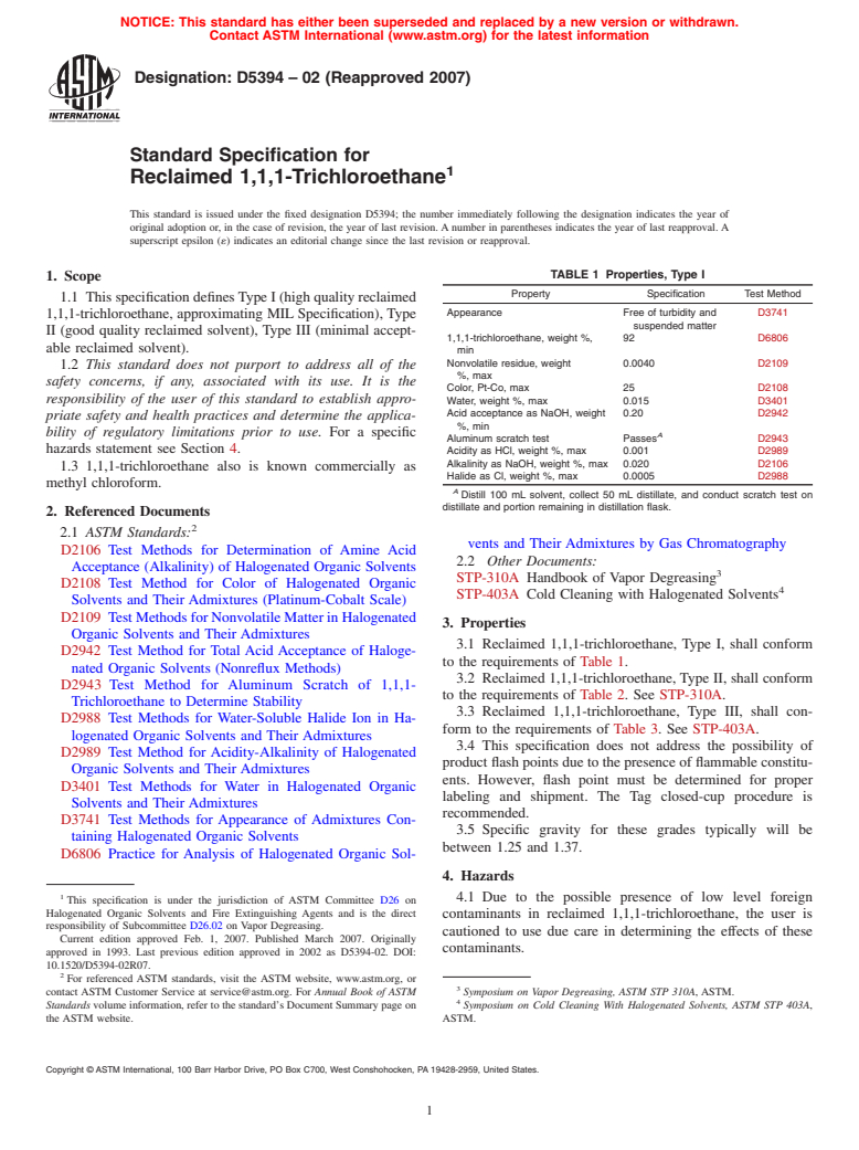 ASTM D5394-02(2007) - Standard Specification for Reclaimed 1,1,1-Trichloroethane