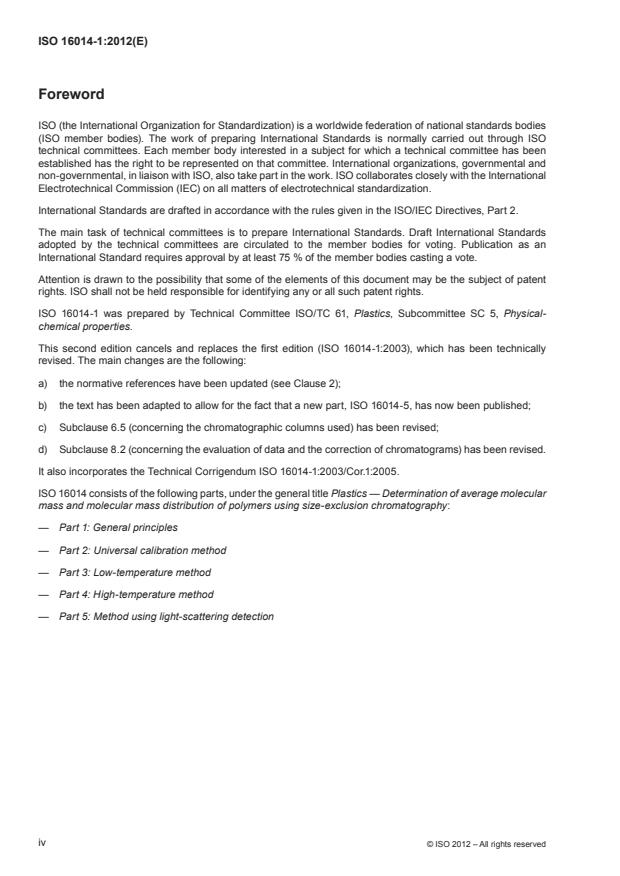 ISO 16014-1:2012 ISO 16014-1:2012 - Plastics -- Determination of average molecular mass and molecular mass distribution of polymers using size-exclusion chromatography - Page 4 preview