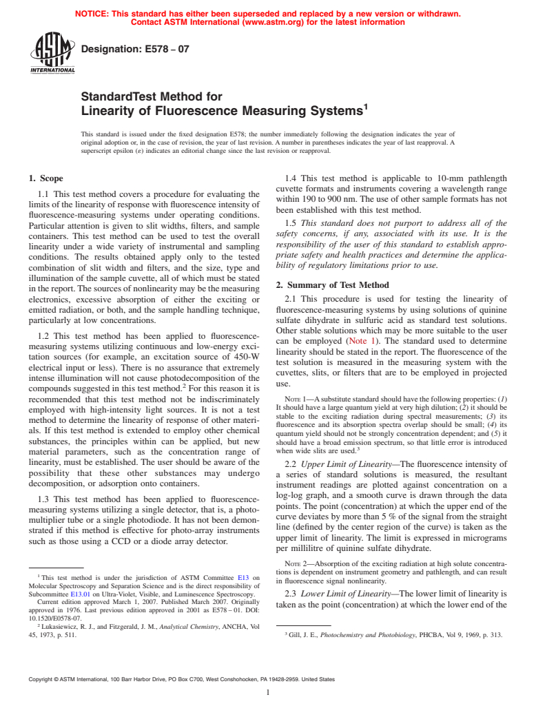 ASTM E578-07 - Standard Test Method for Linearity of Fluorescence Measuring Systems