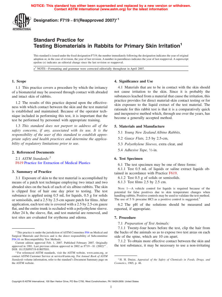 ASTM F719-81(2007)e1 - Standard Practice for Testing Biomaterials in Rabbits for Primary Skin Irritation