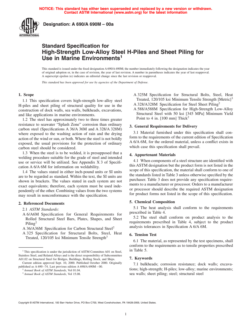 ASTM A690/A690M-00a - Standard Specification for High-Strength Low-Alloy Steel H-Piles and Sheet Piling for Use in Marine Environments