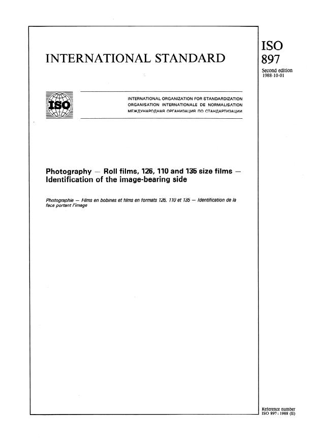 ISO 897:1988 - Photography -- Roll films, 126, 110 and 135 size films -- Identification of the image-bearing side