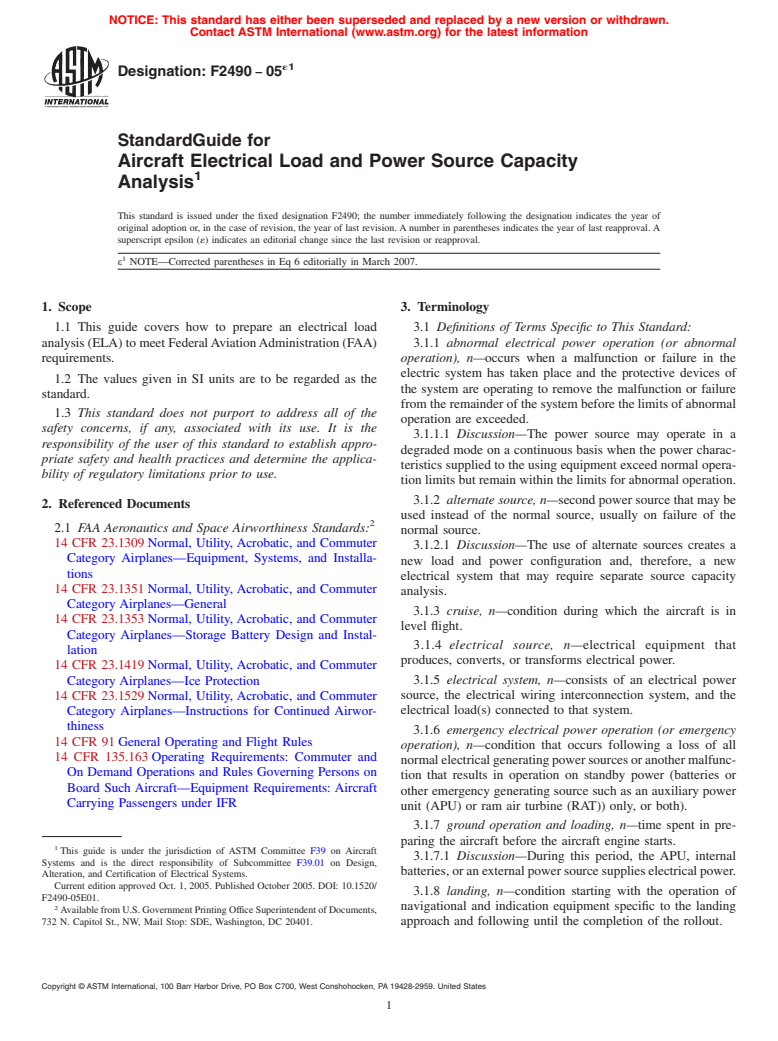 ASTM F2490-05e1 - Standard Guide for Aircraft Electrical Load and Power Source Capacity Analysis