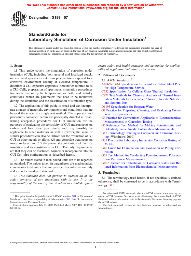 ASTM G189-07 - Standard Guide for Laboratory Simulation of Corrosion Under Insulation