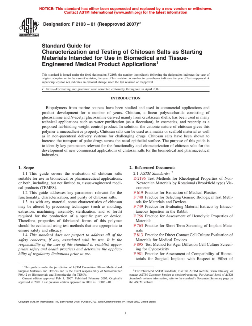 ASTM F2103-01(2007)e1 - Standard Guide for Characterization and Testing of Chitosan Salts as Starting Materials Intended for Use in Biomedical and Tissue-Engineered Medical Product Applications