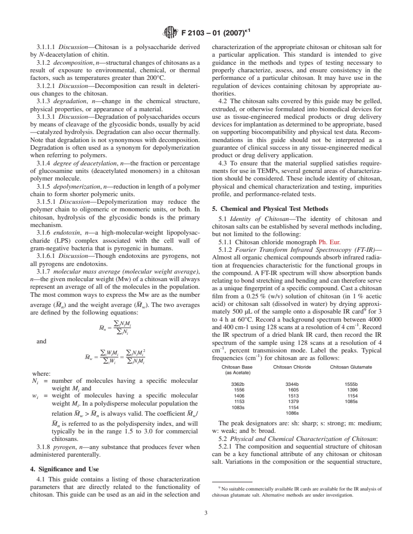 ASTM F2103-01(2007)e1 - Standard Guide for Characterization and Testing of Chitosan Salts as Starting Materials Intended for Use in Biomedical and Tissue-Engineered Medical Product Applications