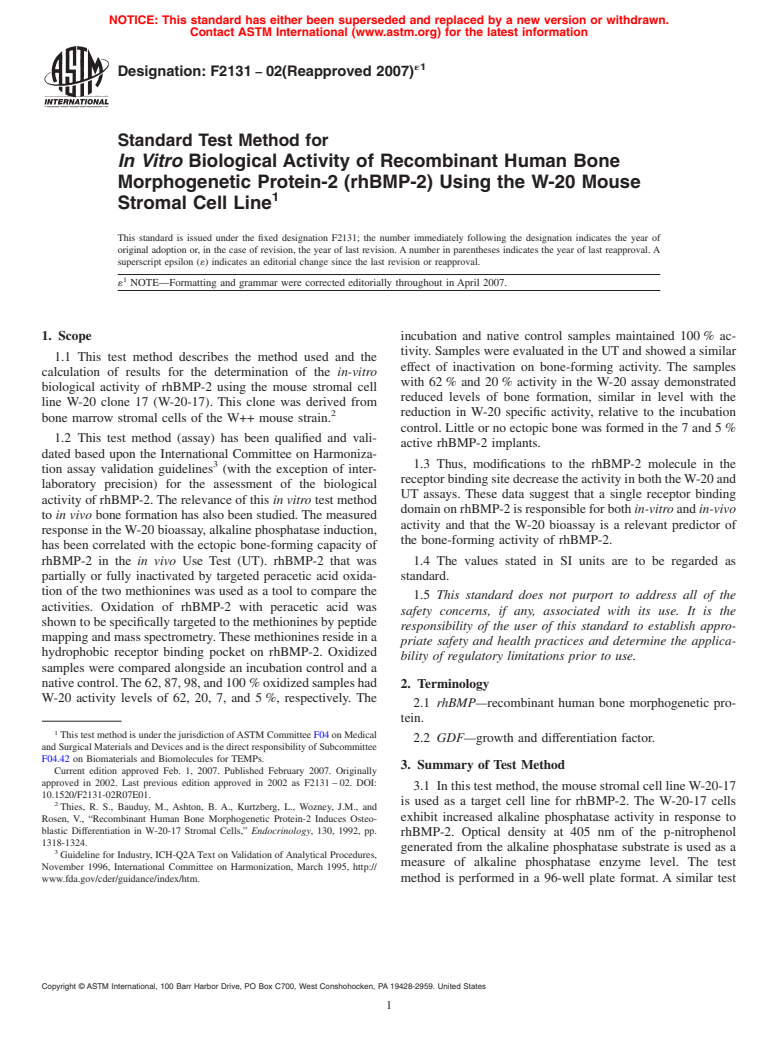 ASTM F2131-02(2007)e1 - Standard Test Method for<bdit>In Vitro</bdit> Biological Activity of Recombinant Human Bone Morphogenetic Protein-2 (rhBMP-2) Using the W-20 Mouse Stromal Cell Line