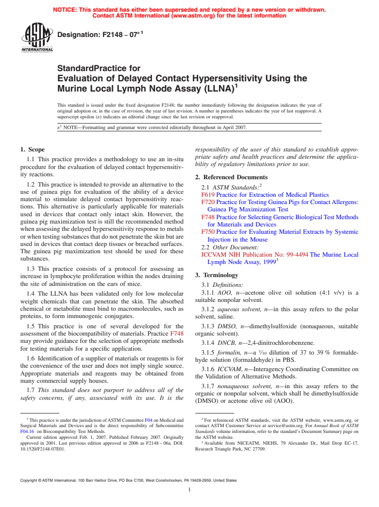 ASTM F2148-07e1 - Standard Practice for Evaluation of Delayed Contact Hypersensitivity Using the Murine Local Lymph Node Assay (LLNA)