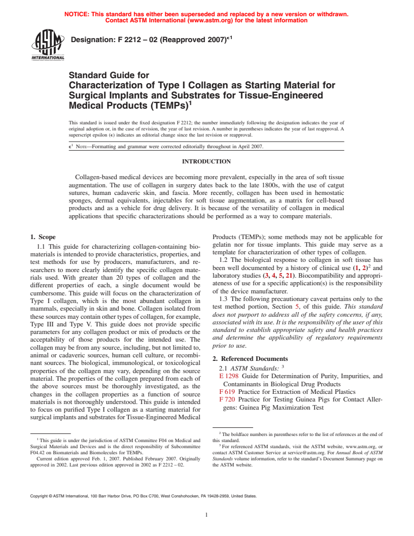 ASTM F2212-02(2007)e1 - Standard Guide for Characterization of Type I Collagen as Starting Material for Surgical Implants and Substrates for Tissue Engineered Medical Products (TEMPs)