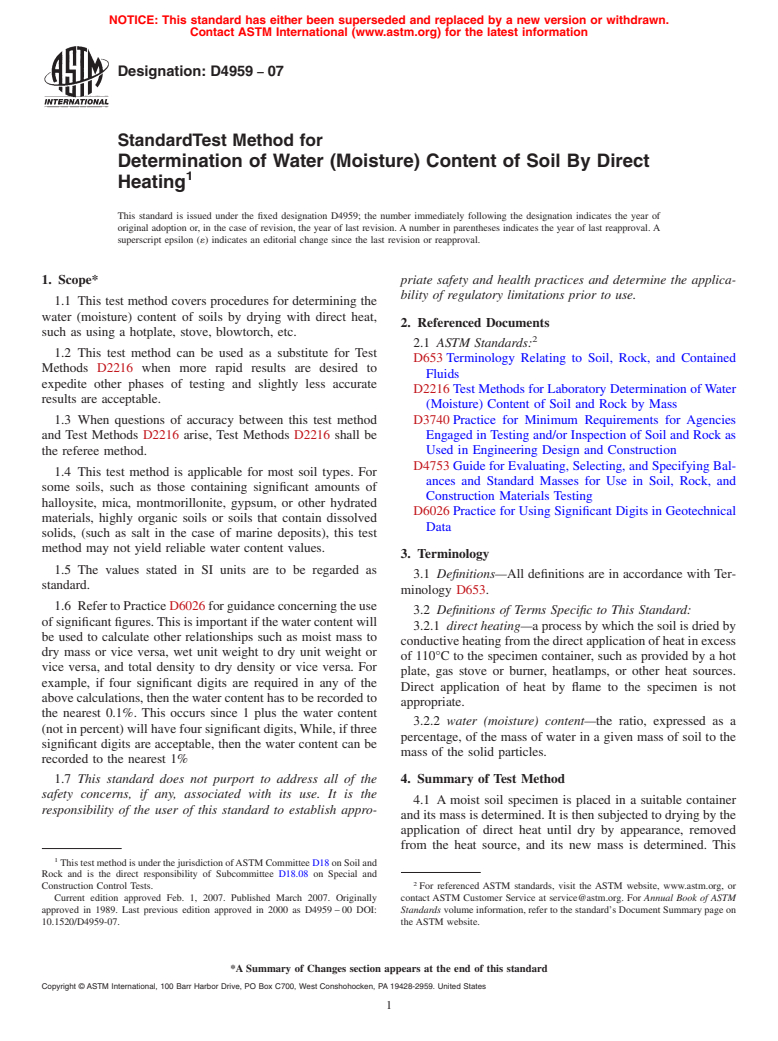 ASTM D4959-07 - Standard Test Method for Determination of Water (Moisture) Content of Soil By Direct Heating