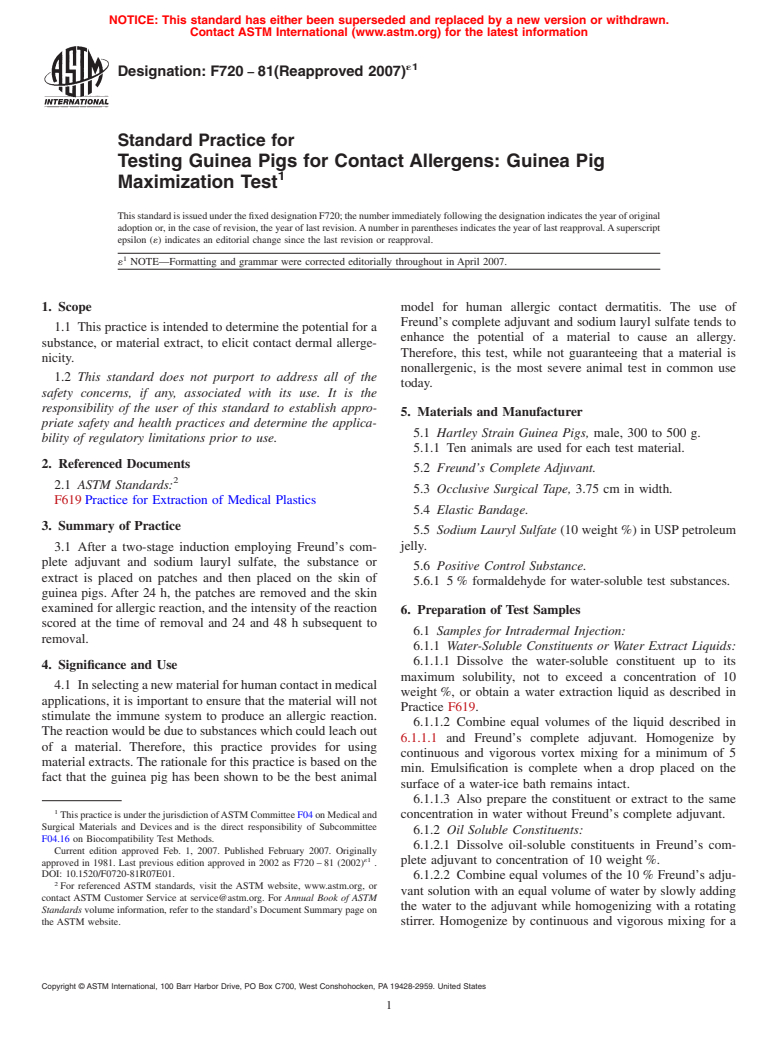 ASTM F720-81(2007)e1 - Standard Practice for Testing Guinea Pigs for Contact Allergens: Guinea Pig Maximization Test