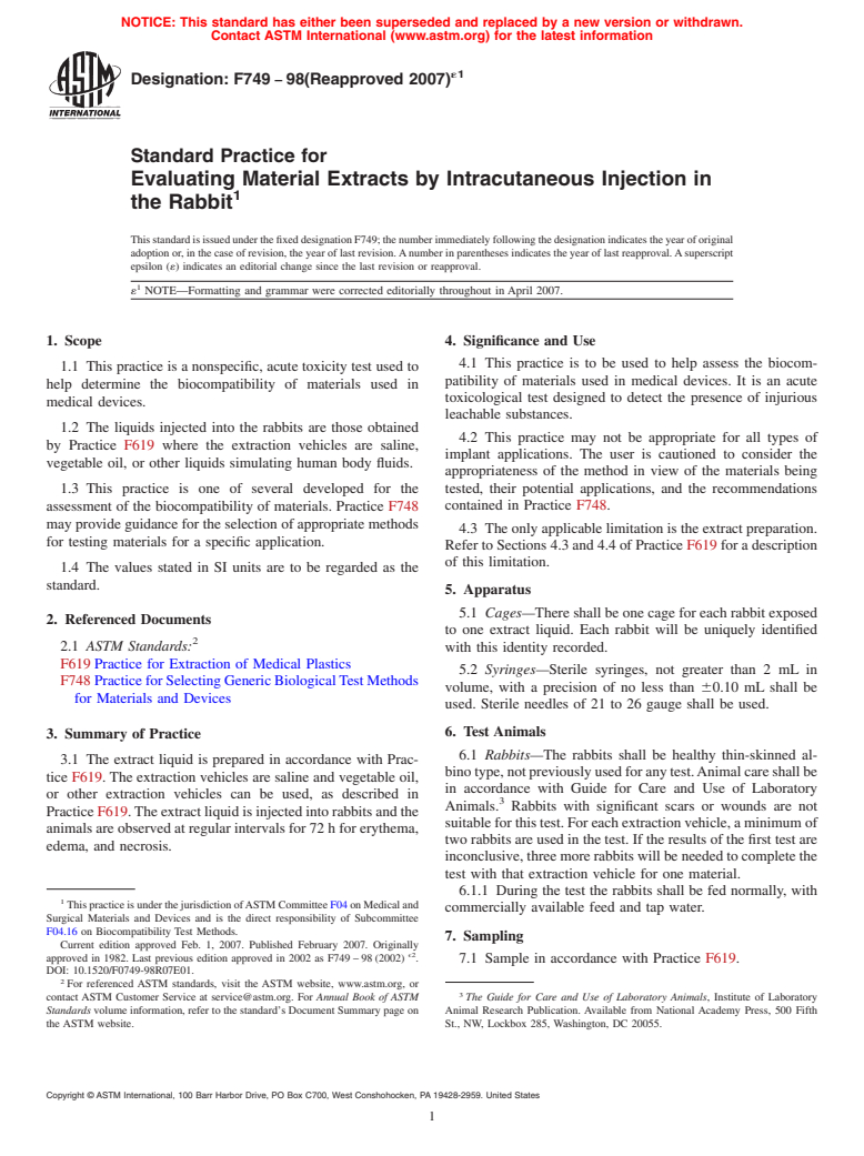 ASTM F749-98(2007)e1 - Standard Practice for Evaluating Material Extracts by Intracutaneous Injection in the Rabbit