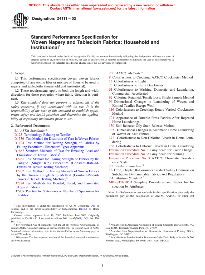 ASTM D4111-02 - Standard Performance Specification for Woven Napery and Tablecloth Fabrics  Household and Institutional (Withdrawn 2011)
