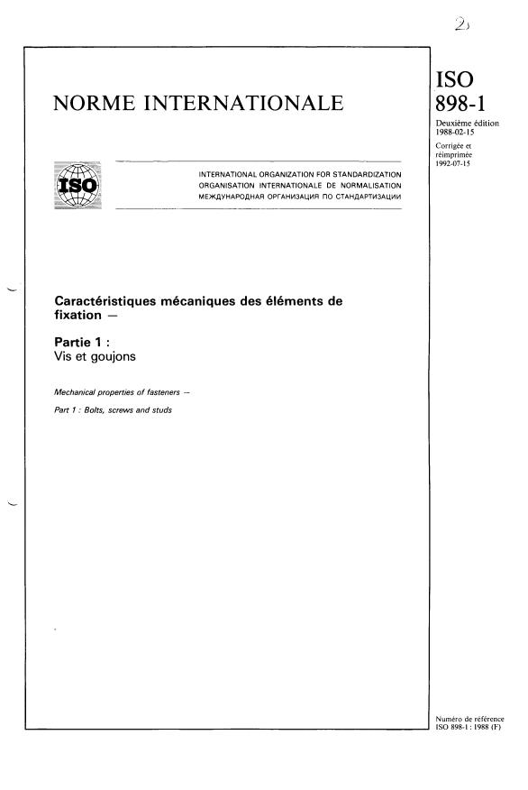 ISO 898-1:1988 - Caractéristiques mécaniques des éléments de fixation