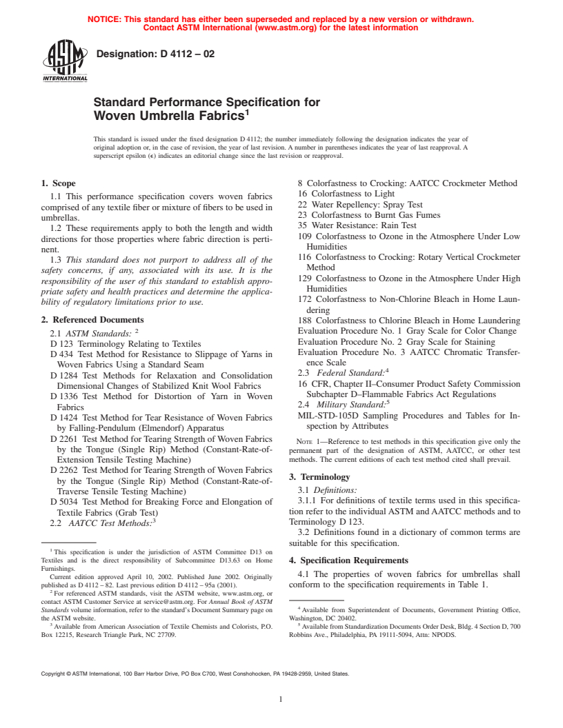 ASTM D4112-02 - Standard Performance Specification for Woven Umbrella Fabrics