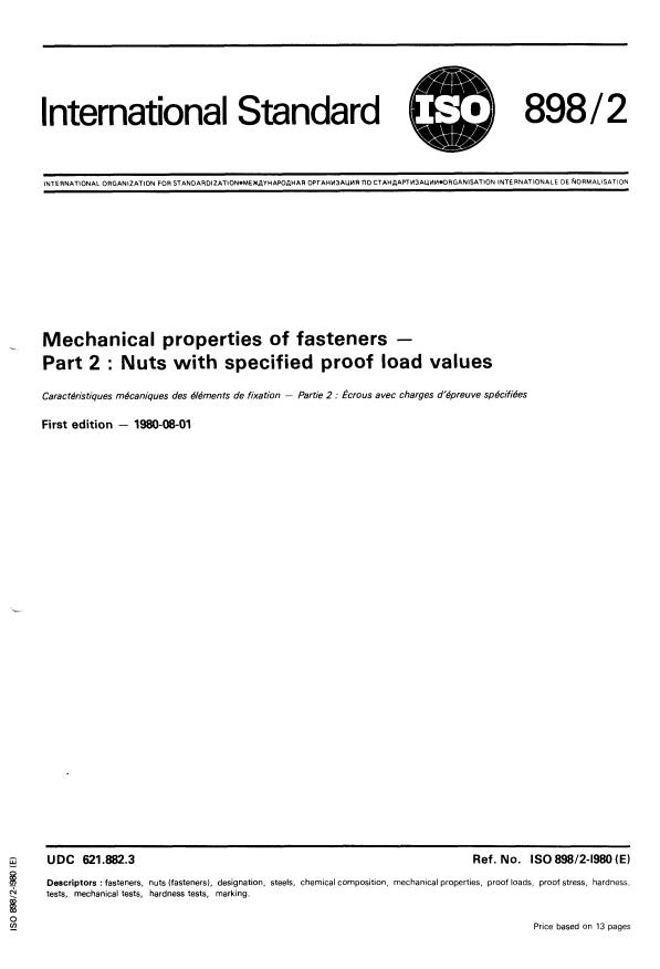 ISO 898-2:1980 - Mechanical properties of fasteners