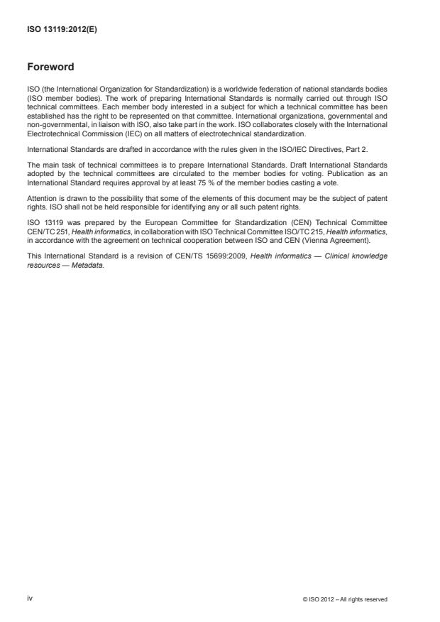 ISO 13119:2012 ISO 13119:2012 - Health informatics -- Clinical knowledge resources -- Metadata - Page 4 preview