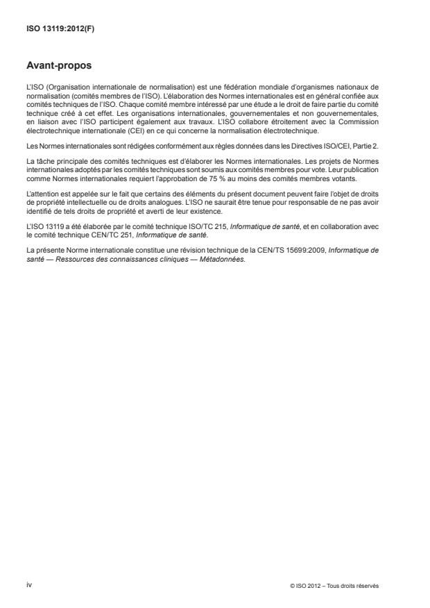 ISO 13119:2012 ISO 13119:2012 - Informatique de santé -- Ressources des connaissances cliniques -- Métadonnées - Page 4 preview