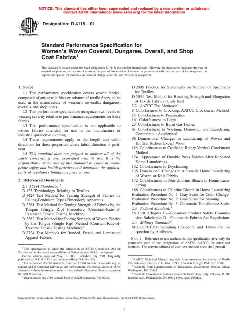 ASTM D4118-01 - Standard Performance Specification for Women's Woven Coverall, Dungaree, Overall, and Shop Coat Fabrics