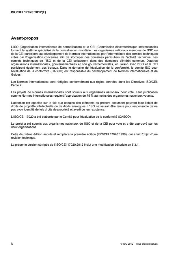 ISO/IEC 17020:2012 ISO/IEC 17020:2012 - Évaluation de la conformité -- Exigences pour le fonctionnement de différents types d'organismes procédant a l'inspection - Page 4 preview