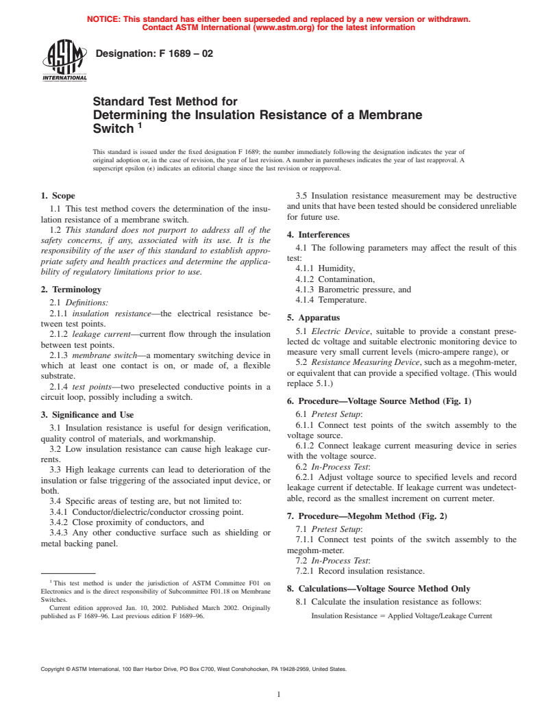 ASTM F1689-02 - Standard Test Method for Determining the Insulation Resistance of a Membrane Switch