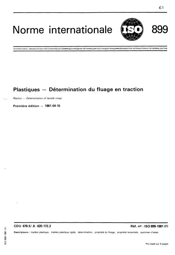 ISO 899:1981 - Plastiques -- Détermination du fluage en traction