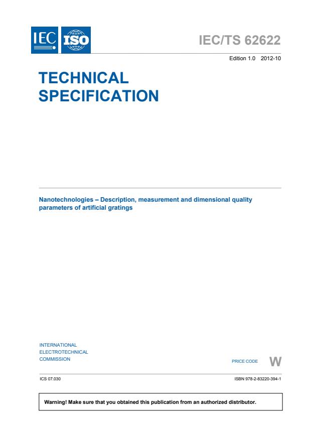IEC/TS 62622:2012 - Artificial gratings used in nanotechnology -- Description and measurement of dimensional quality parameters