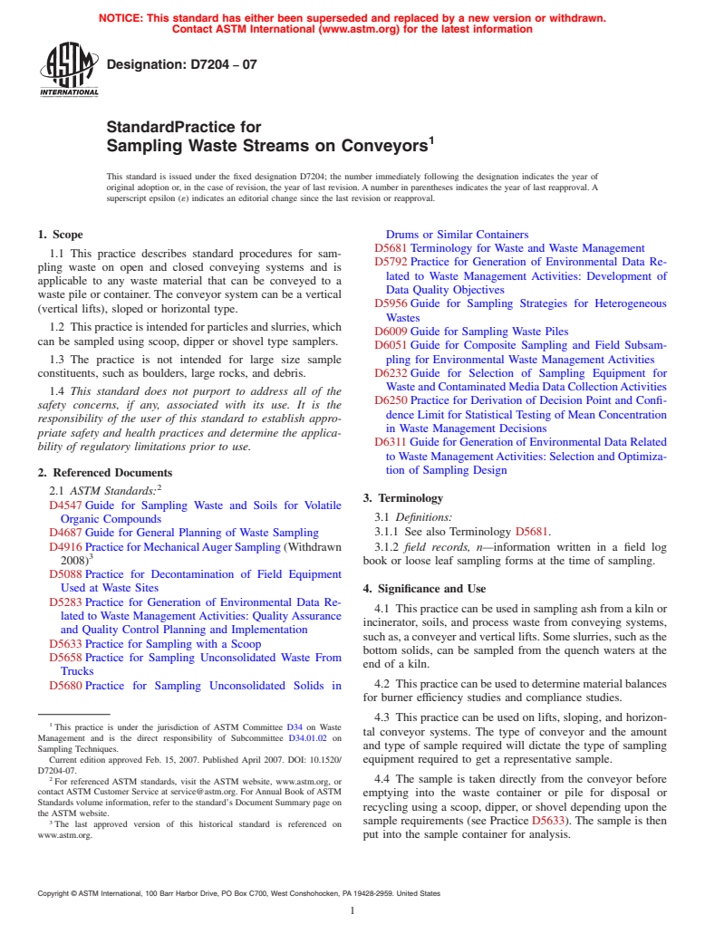 ASTM D7204-07 - Standard Practice for Sampling Waste Streams on Conveyors
