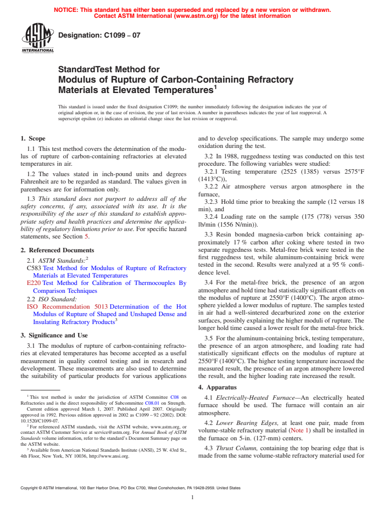 ASTM C1099-07 - Standard Test Method for Modulus of Rupture of Carbon-Containing Refractory Materials at Elevated Temperatures