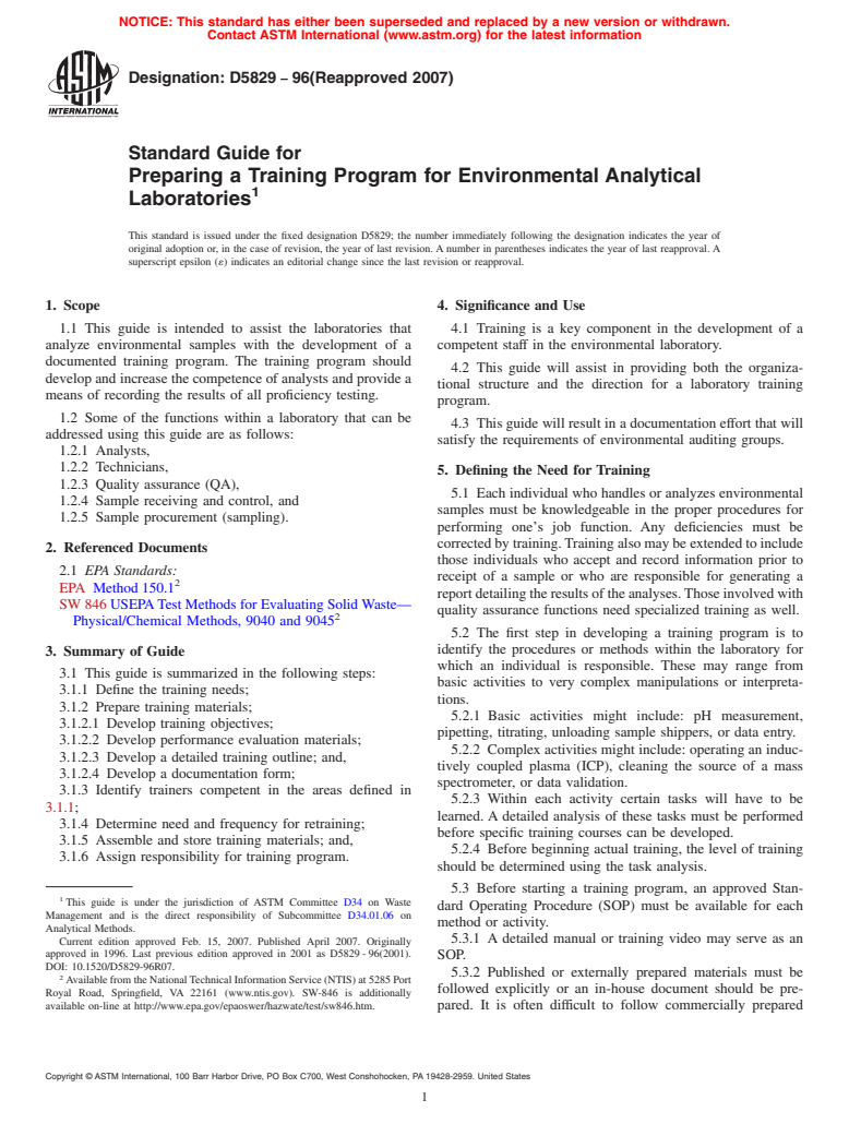 ASTM D5829-96(2007) - Standard Guide for Preparing a Training Program for Environmental Analytical Laboratories (Withdrawn 2015)