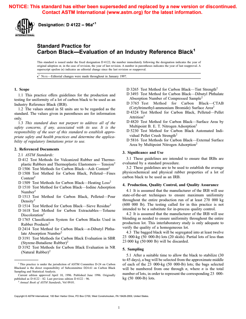 ASTM D4122-96ae1 - Standard Practice for Carbon Black-Evaluation of an Industry Reference Black