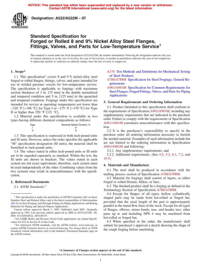 ASTM A522/A522M-07 - Standard Specification for Forged or Rolled 8 and 9% Nickel Alloy Steel Flanges, Fittings, Valves, and Parts for Low-Temperature Service