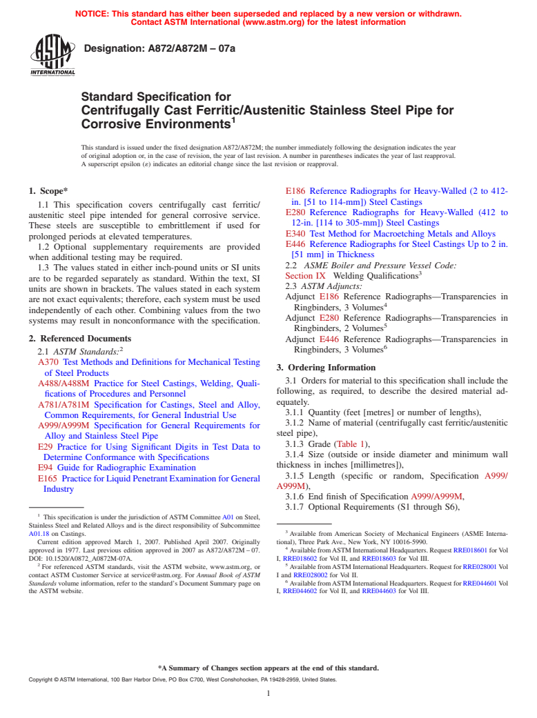 ASTM A872/A872M-07a - Standard Specification for Centrifugally Cast Ferritic/Austenitic Stainless Steel Pipe for Corrosive Environments