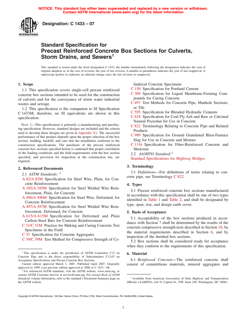 ASTM C1433-07 - Standard Specification for Precast Reinforced Concrete Box Sections for Culverts, Storm Drains, and Sewers