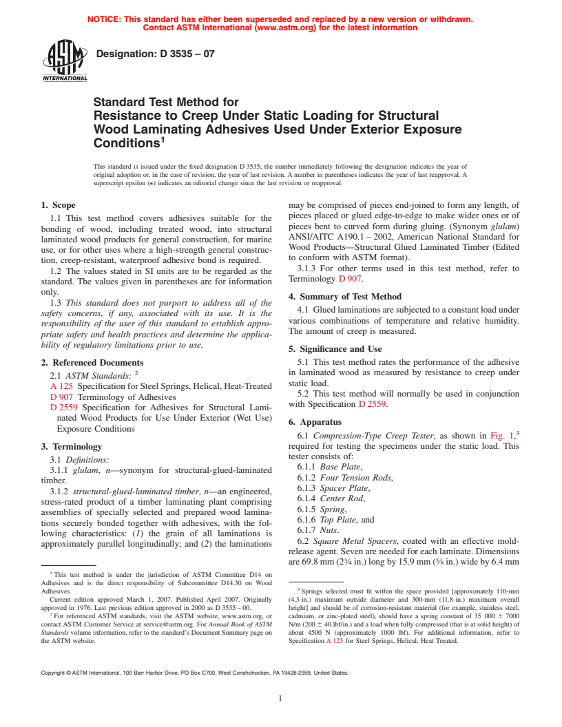 ASTM D3535-07 - Standard Test Method for Resistance to Creep Under Static Loading for Structural Wood Laminating Adhesives Used Under Exterior Exposure Conditions