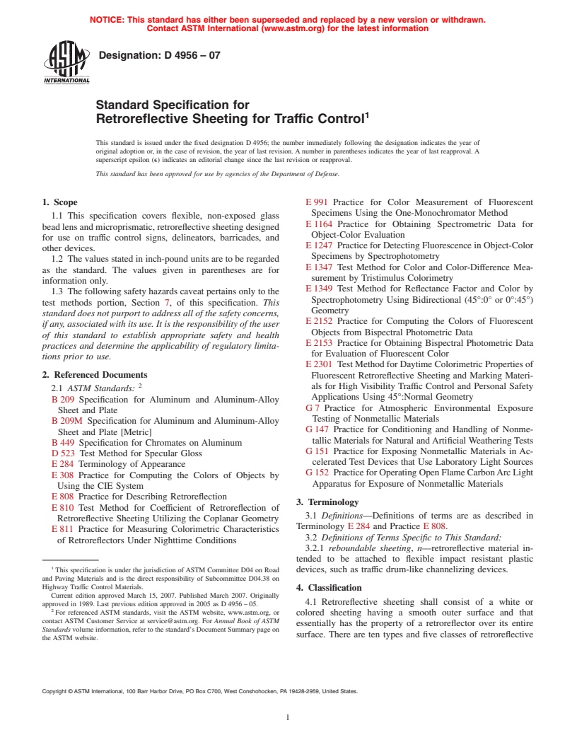 ASTM D4956-07 - Standard Specification for Retroreflective Sheeting for Traffic Control